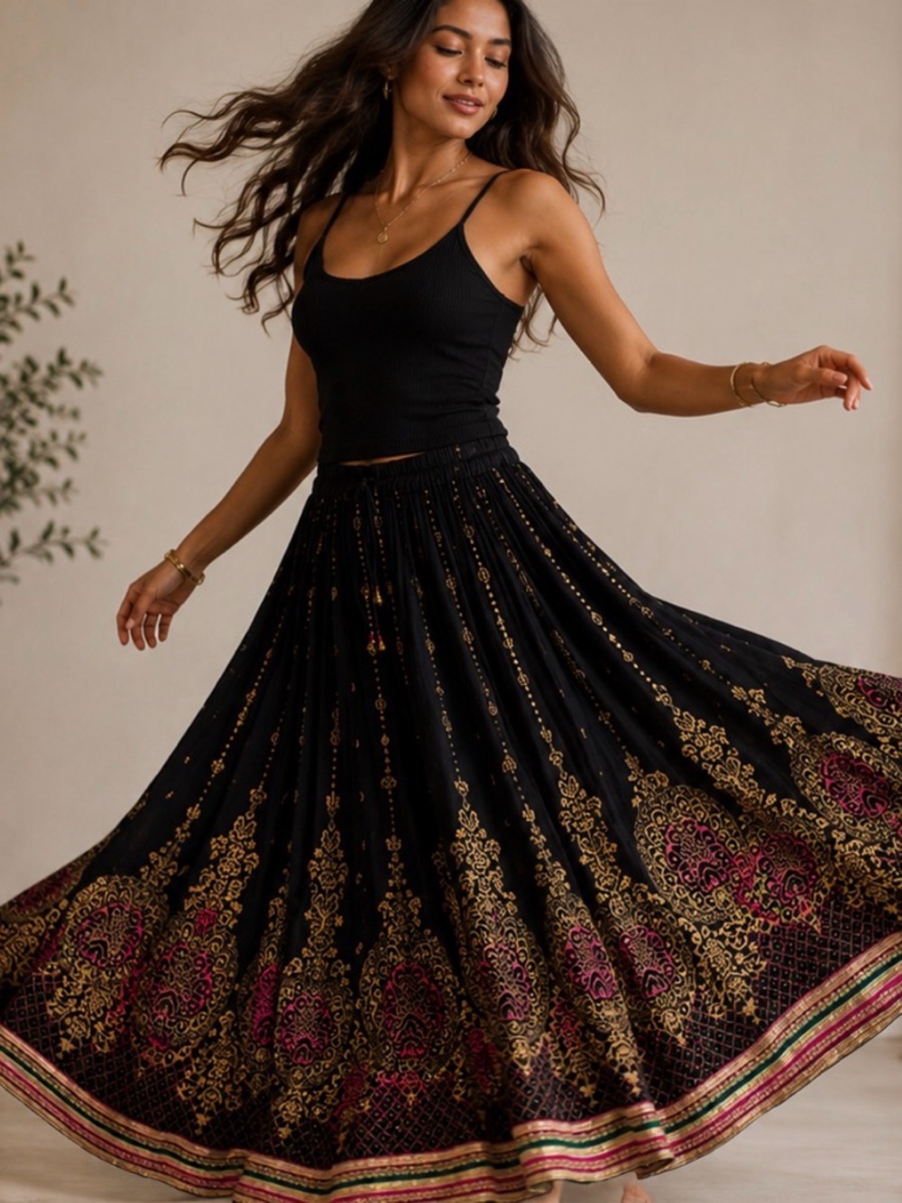 Black Bohemian Maxi Skirt with Gold and Pink Paisley Border